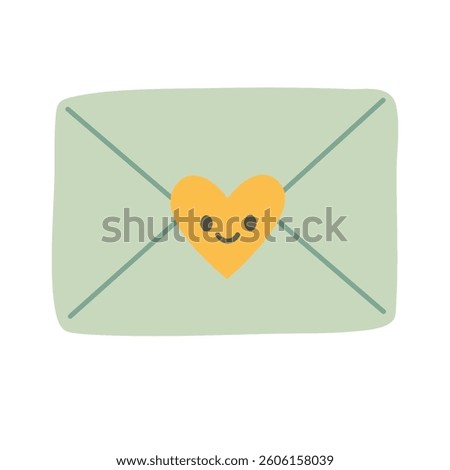 Funny green envelope with smiling yellow heart sticker in pastel cartoon style