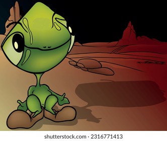 Funny Green Extraterrestrial with a Big Head and Big Eyes - Colored Cartoon Illustration with Background, Vector