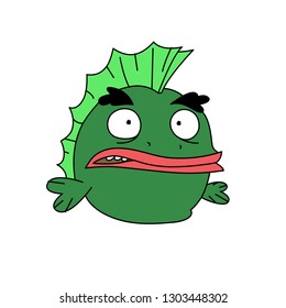 Funny green fish character. Vector. Flat style. Frog with a hare. Cartoon amphibian. Hero mascot for a pet shop.
