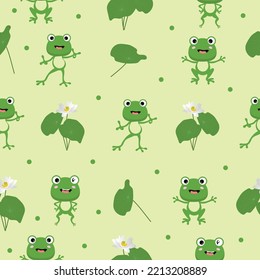 Funny green flat frogs with lilies seamless pattern background. Cute frogs different poses
