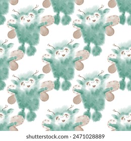 Funny green forest monster with wings and horns cule illustration vector seamless pattern