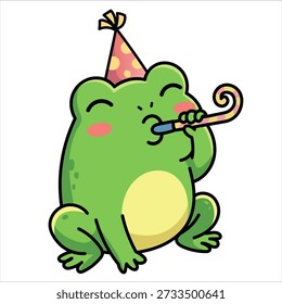 Funny green frog blowing party horn vector illustration. Cute amphibian character wearing birthday hat. Happy animal mascot celebration concept isolated on white background art design.