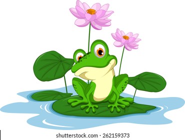 funny Green frog cartoon sitting leaf 