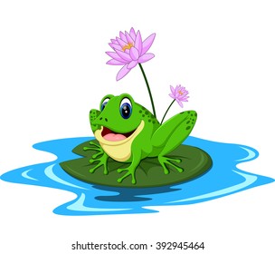 funny Green frog cartoon sitting on a leaf 