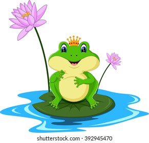 funny Green frog cartoon sitting on a leaf 