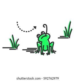 Funny green frog catching fly with its tongue. Cartoon character. Concept illustration for design. Simple vector sign, icon. 
