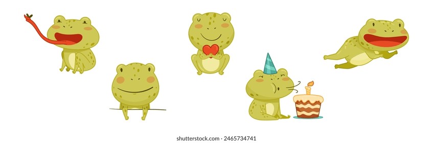 Funny Green Frog Character Engaged in Different Activity Vector Set