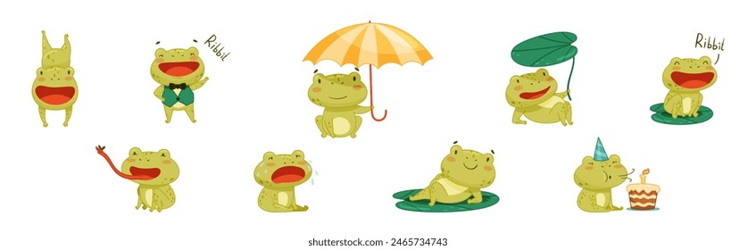 Funny Green Frog Character Engaged in Different Activity Vector Set