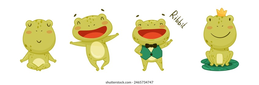 Funny Green Frog Character Engaged in Different Activity Vector Set