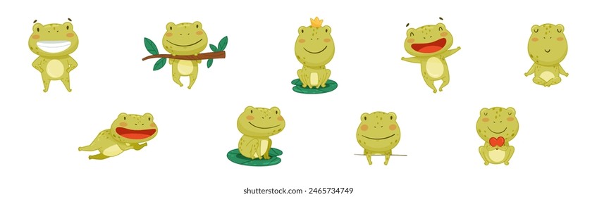 Funny Green Frog Character Engaged in Different Activity Vector Set