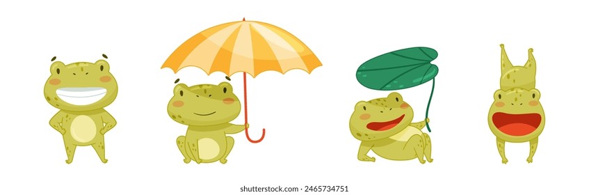 Funny Green Frog Character Engaged in Different Activity Vector Set