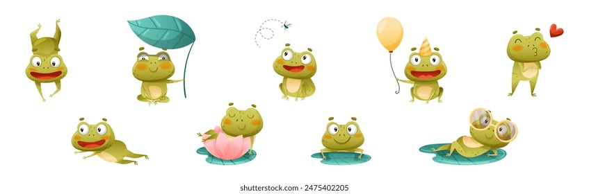 Funny Green Frog Character Engaged in Different Activity Vector Set