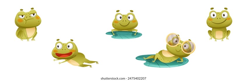 Funny Green Frog Character Engaged in Different Activity Vector Set