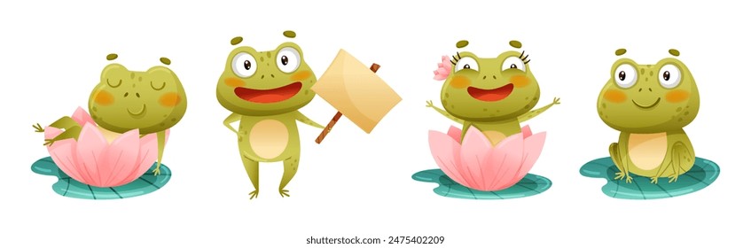 Funny Green Frog Character Engaged in Different Activity Vector Set