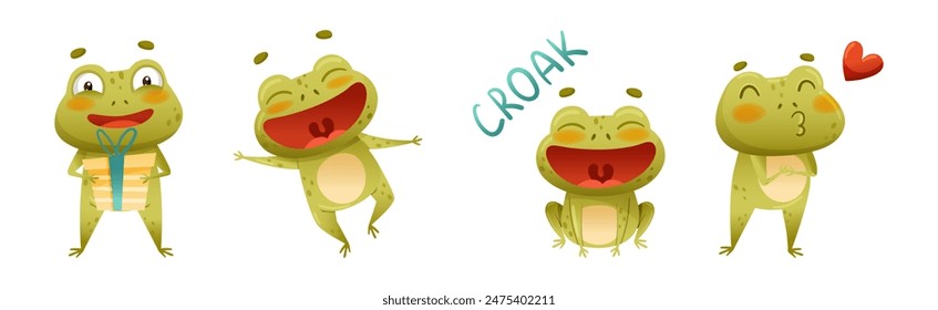 Funny Green Frog Character Engaged in Different Activity Vector Set