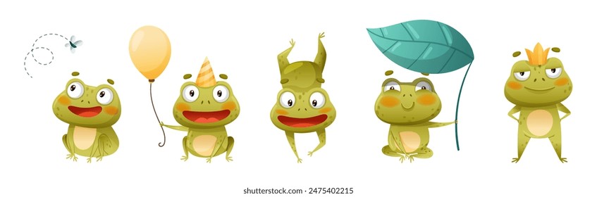 Funny Green Frog Character Engaged in Different Activity Vector Set