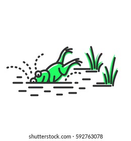 Funny green frog dives. Cartoon character. Concept illustration for design. Simple vector sign, icon. 