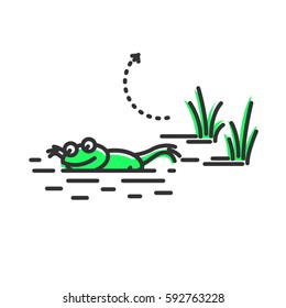Funny green frog floating. Cartoon character. Concept illustration for design. Simple vector sign, icon. 