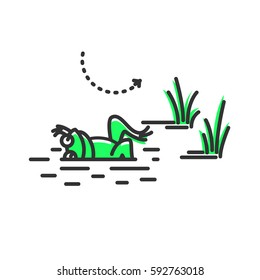 Funny green frog floating on its back. Cartoon character. Concept illustration for design. Simple vector sign, icon. 