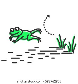 Funny Green Frog Jumping In The Water. Cartoon Character. Concept Illustration For Design. Simple Vector Sign, Icon. 