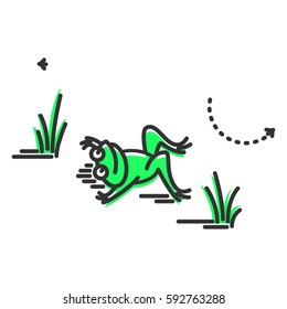 Funny green frog lying in a swamp. Cartoon character. Concept illustration for design. Simple vector sign, icon. 