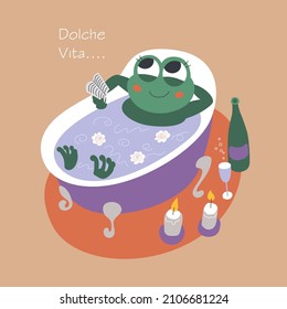 Funny green frog lying in warm bath, reading a book, relaxing. Rest and spa. Cute vector illustration isolated on beige background.