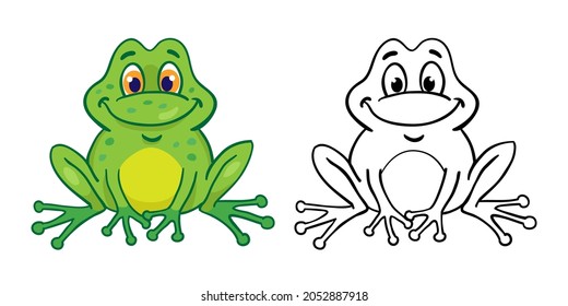 Funny green frog and its outline drawing. In cartoon style. Isolated on white background. Vector illustration. For coloring book.