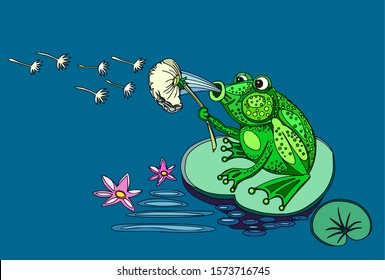 Funny green frog in the pond. Blows off a dandelion flower. Color vector graphics.