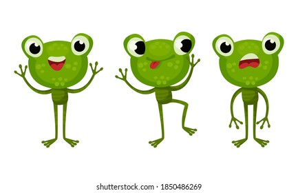 Funny Green Frog with Protruding Eyes Showing Tongue Vector Set