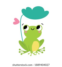 Funny Green Frog with Protruding Eyes Sitting Under Leaf Vector Illustration
