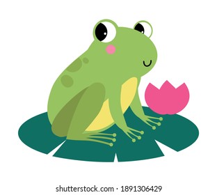 Funny Green Frog with Protruding Eyes Sitting on Leaf of Waterlily Flower Vector Illustration