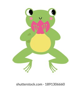 Funny Green Frog with Protruding Eyes Holding Waterlily Flower Vector Illustration