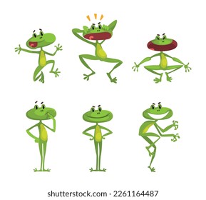 Funny Green Frog with Protruding Eyes Expressing Different Emotion Vector Set