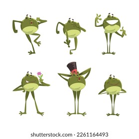 Funny Green Frog with Protruding Eyes Expressing Different Emotion Vector Set