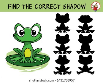 Funny green frog sitting on the leaf. Find the correct shadow. Educational matching game for children. Cartoon vector illustration