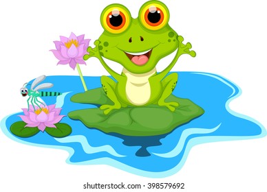 funny Green frog sitting on a leaf