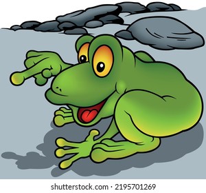 Funny Green Frog with Smile and Yellow Eyes from Profile - Colored Cartoon Illustration with Background, Vector