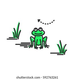 Funny green frog smiles. Cartoon character. Concept illustration for design. Simple vector sign, icon. 
