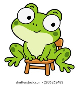 Funny green frog trying to sit on a tiny stool, cute cartoon character illustration.