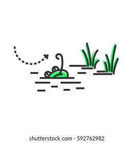 Funny green frog in the water catching fly with its tongue. Cartoon character. Concept illustration for design. Simple vector sign, icon. 