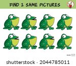 Funny green frogs. Find two same pictures. Educational game for children. Cartoon vector illustration