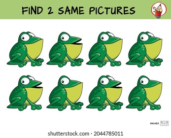 Funny green frogs. Find two same pictures. Educational game for children. Cartoon vector illustration