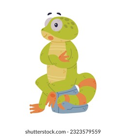 Funny Green Gecko Character with Bulging Eyes Sitting on Stone Vector Illustration