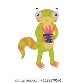 Funny Green Gecko Character with Bulging Eyes Holding Houseplant in Pot Vector Illustration