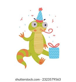 Funny Green Gecko Character with Bulging Eyes Blowing Whistle Sitting in Birthday Cone Hat with Gift Box Vector Illustration