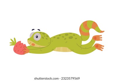 Funny Green Gecko Character with Bulging Eyes Eating Strawberry Vector Illustration