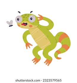 Funny Green Gecko Character Catching Fly with Tongue Vector Illustration