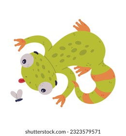 Funny Green Gecko Character Catching Fly with Tongue Vector Illustration