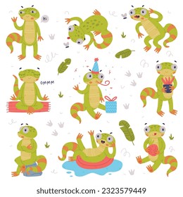 Funny Green Gecko Character Engaged in Different Activity Vector Set