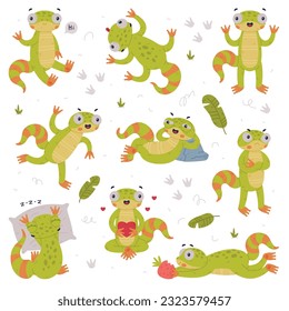 Funny Green Gecko Character Engaged in Different Activity Vector Set